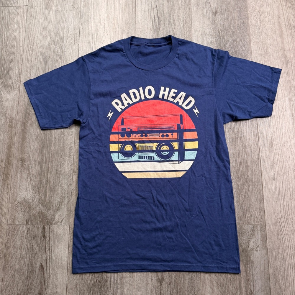 Navy Radio Head Boombox Sunset T-Shirt Small Retro Graphic Tee Music Radio
